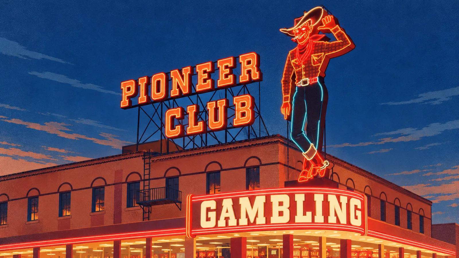 Historic-view illustration of Vegas Vic above Pioneer Club's brick facade, rooftop lettering and curved Gambling marquee.