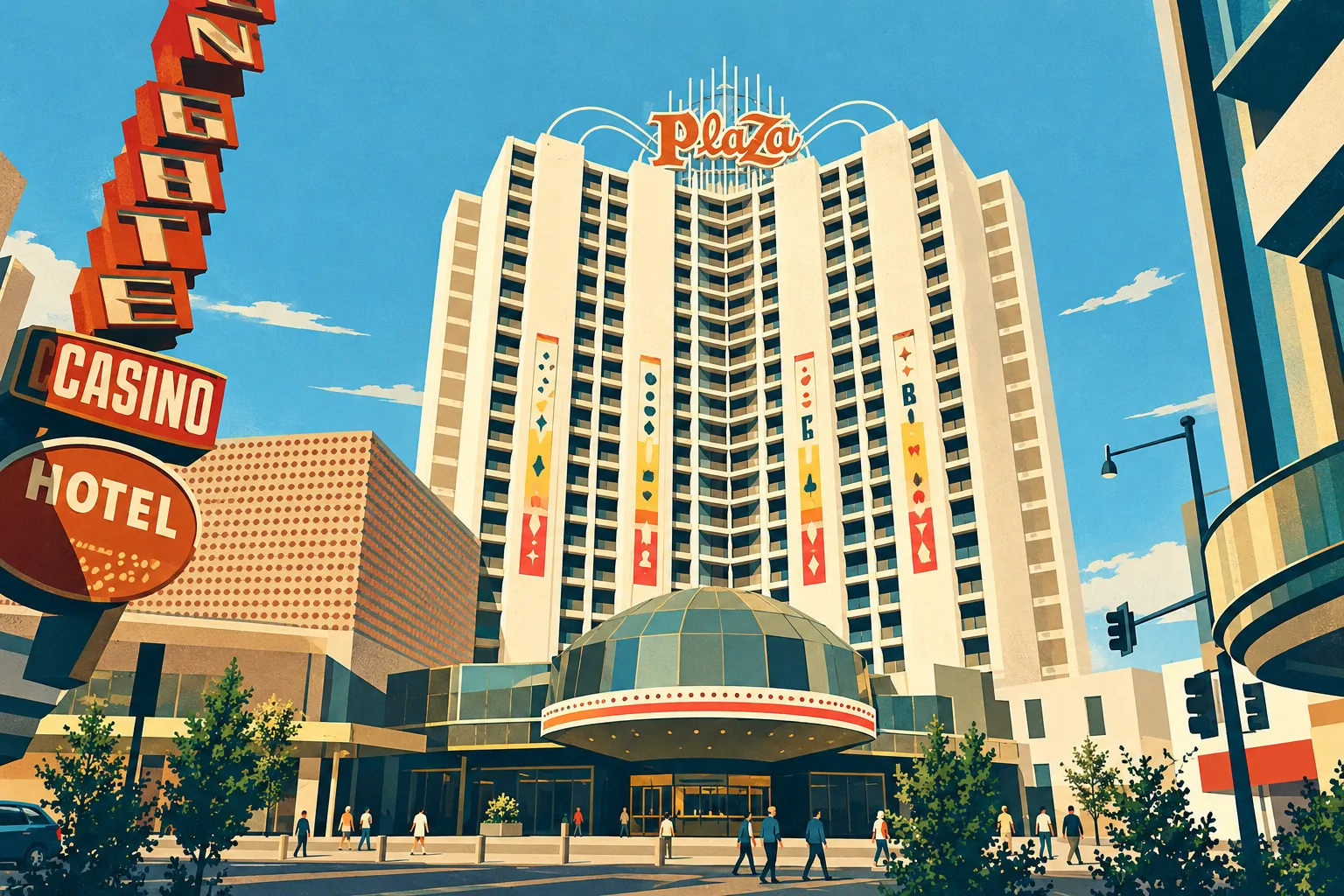 Illustration of the Plaza tower, rooftop Plaza sign and entrance, with a cropped Golden Gate sign at left.