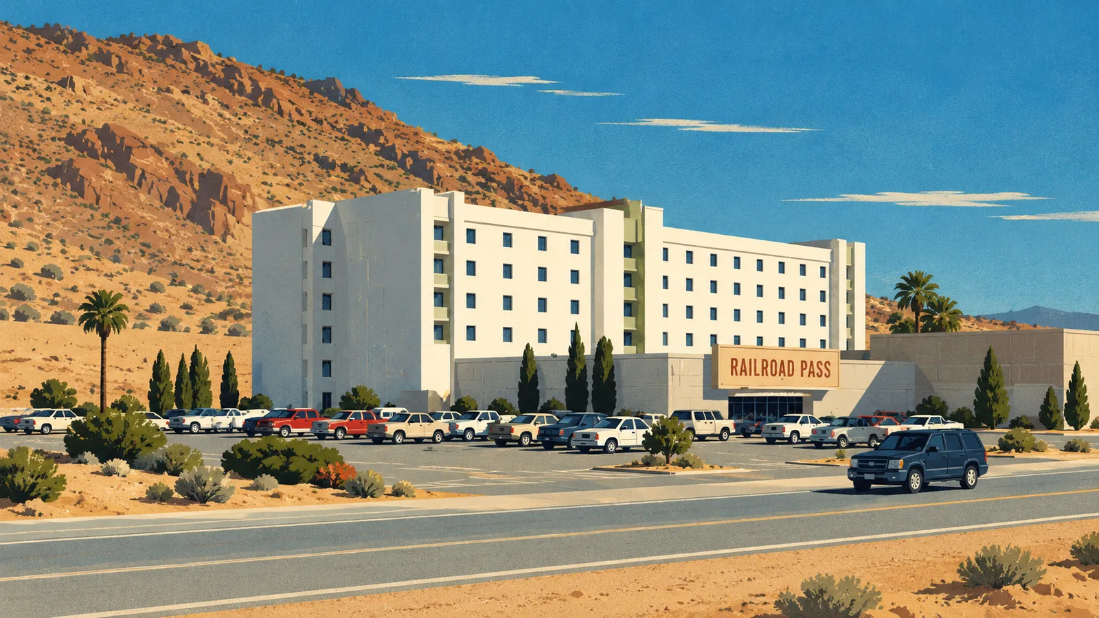 Illustration of Railroad Pass's white hotel and low casino building against a rocky desert hillside.