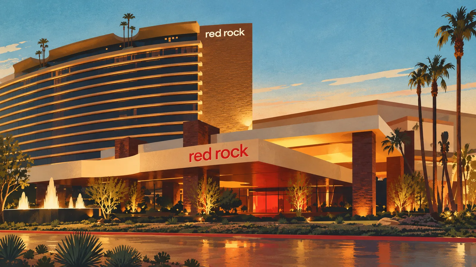 Illustration of Red Rock's curved bronze tower, red rock entrance sign, fountains and palm trees at dusk.