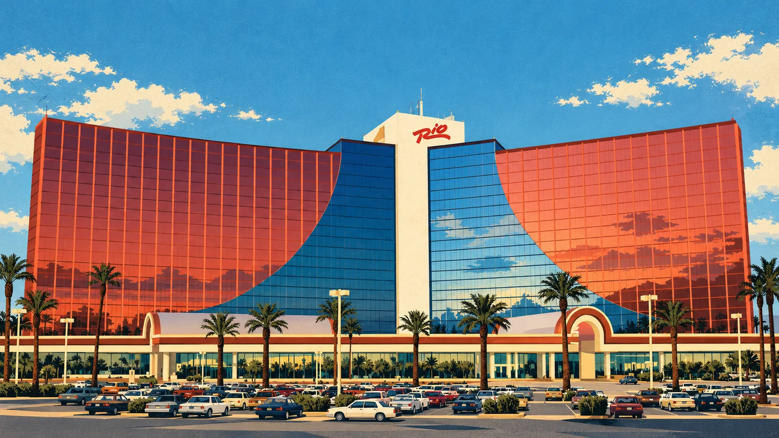 Illustration of Rio's broad curved red-and-blue glass facade, central Rio logo, palms and period forecourt cars.