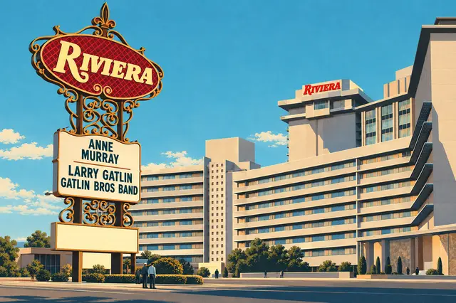 Daylight illustration of the ornate red-and-gold Riviera sign at left, Anne Murray and Larry Gatlin marquee, and stepped horizontal hotel frontage at right.