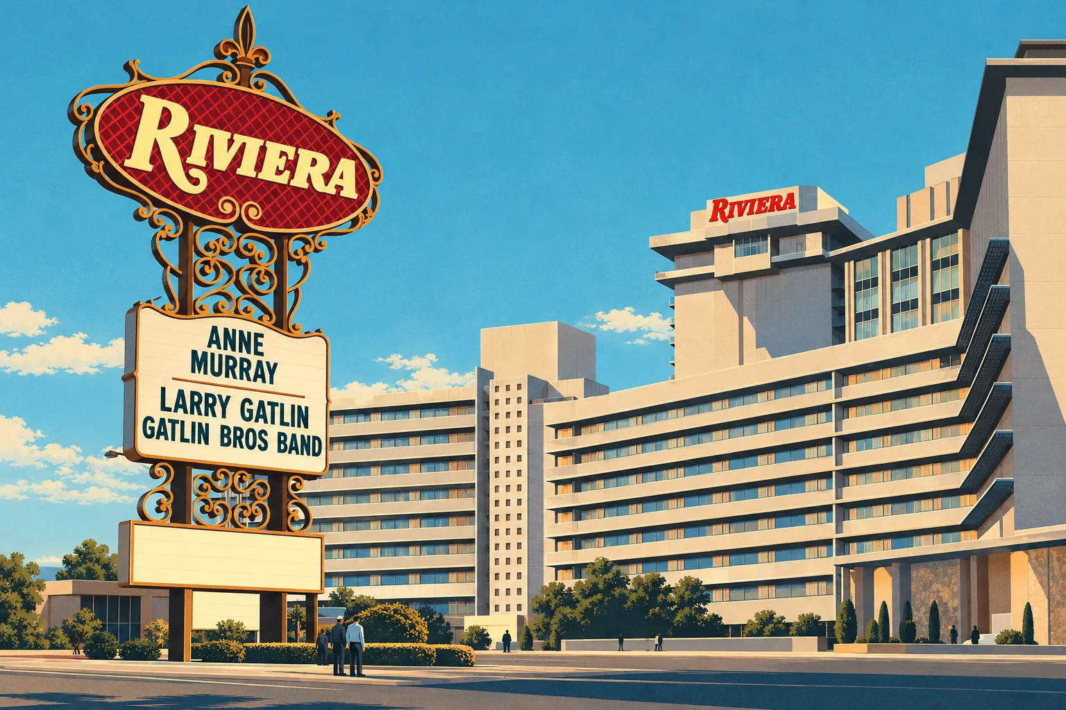 Daylight illustration of the ornate red-and-gold Riviera sign at left, Anne Murray and Larry Gatlin marquee, and stepped horizontal hotel frontage at right.