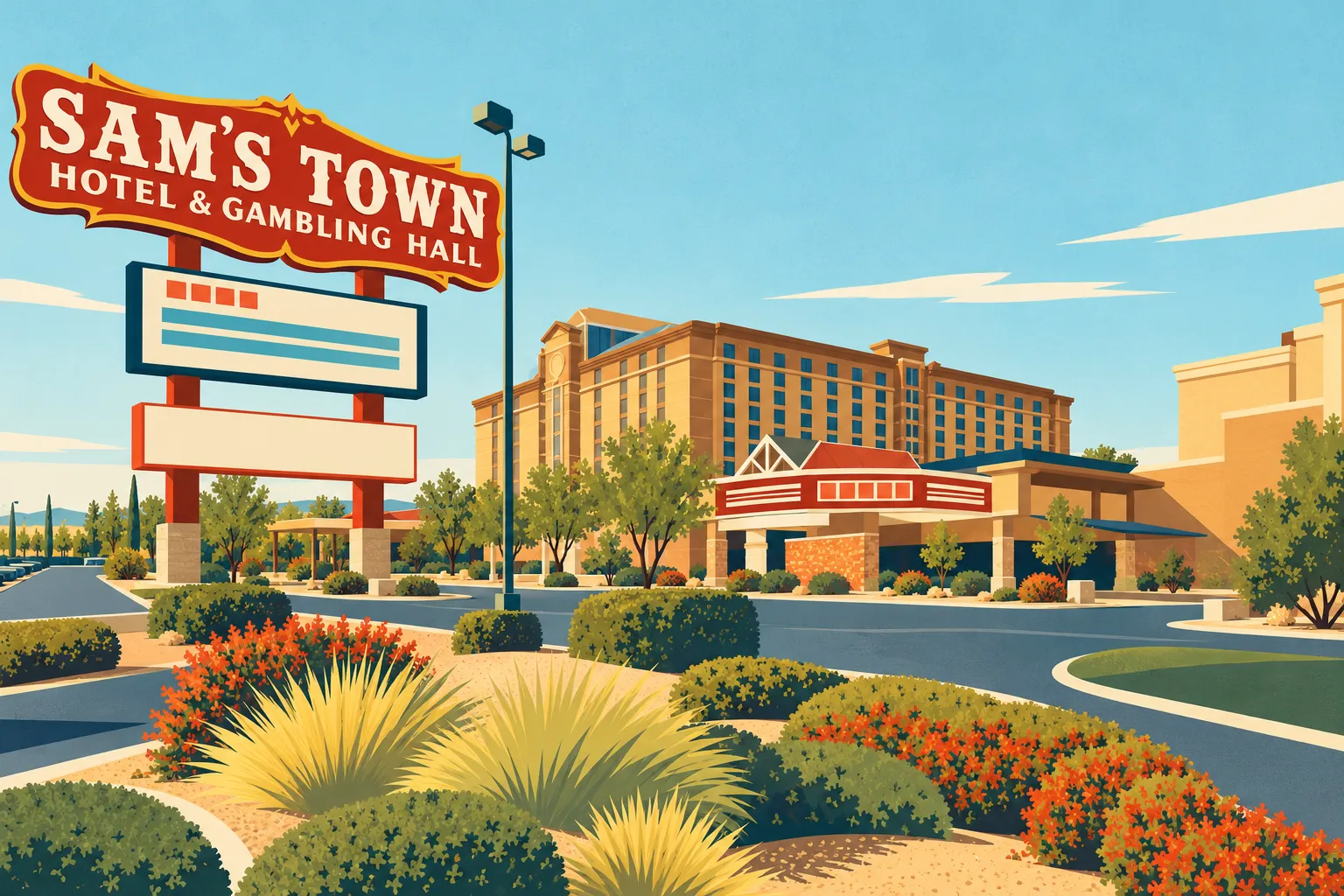 Illustration of Sam’s Town’s tall roadside sign, tan hotel block, entrance and desert landscaping in daylight.