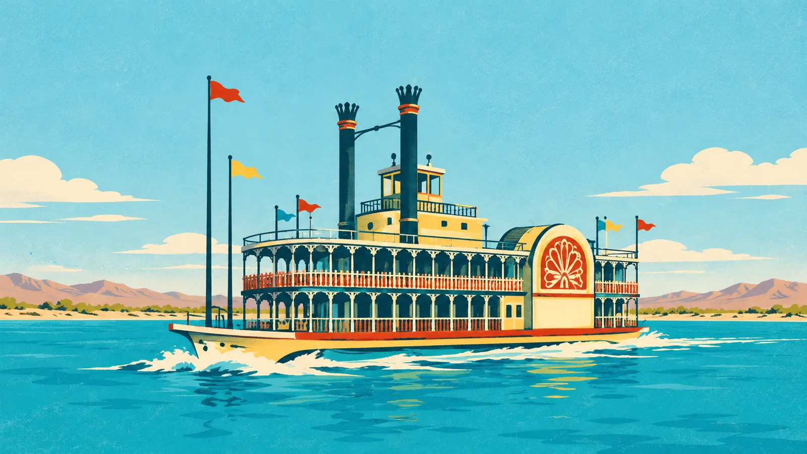 Generated illustration of the paddlewheel riverboat motif from a Showboat Hotel-Casino advertisement, with open veranda decks, twin smokestacks and colorful pennant flags.