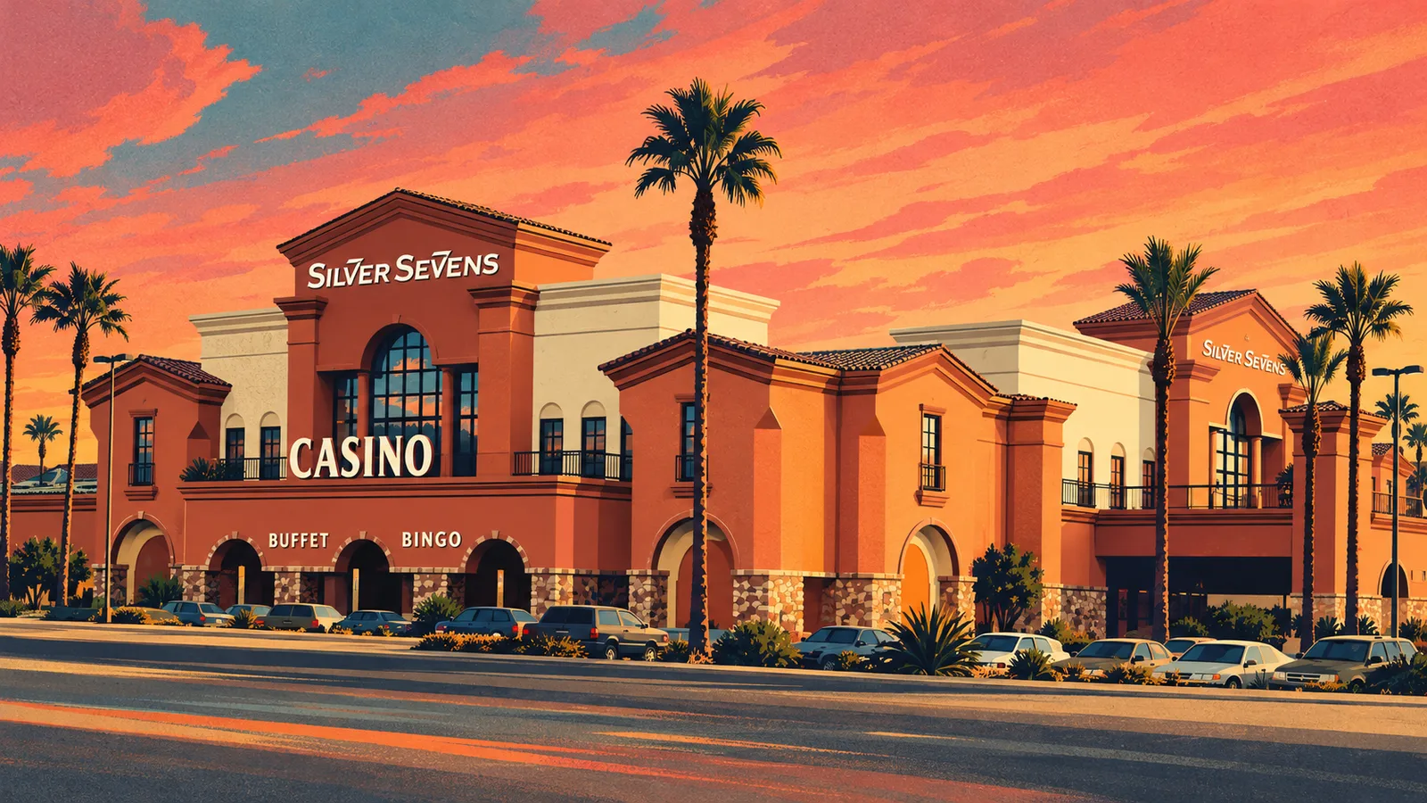 Illustration of Silver Sevens' terracotta frontage, casino lettering and palms beneath a rose sunset.