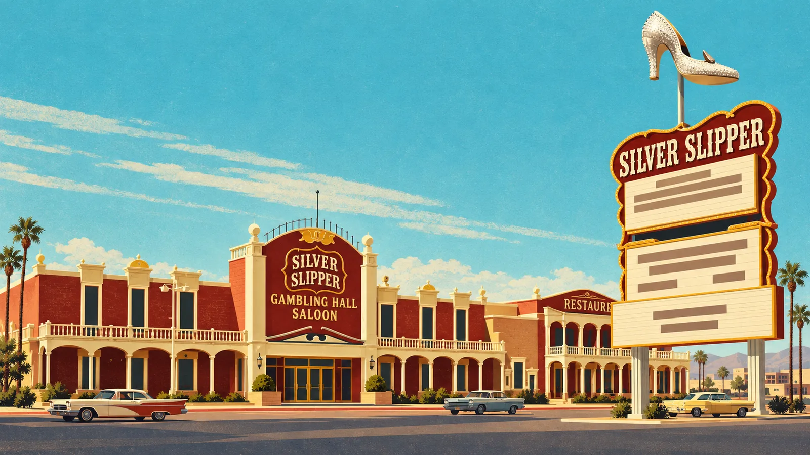 Illustration of Silver Slipper’s red-and-cream arched casino frontage beside a tall marquee topped by a silver high-heeled shoe.