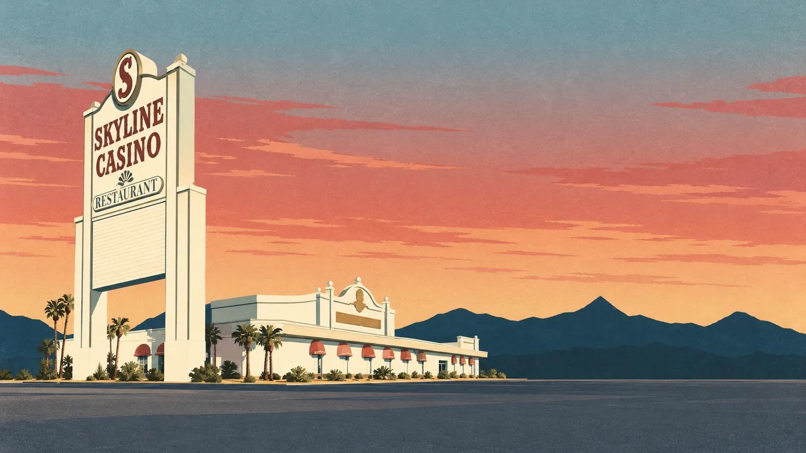 Illustration of Skyline's historic tall cream casino sign and low white restaurant building against a desert dusk sky.