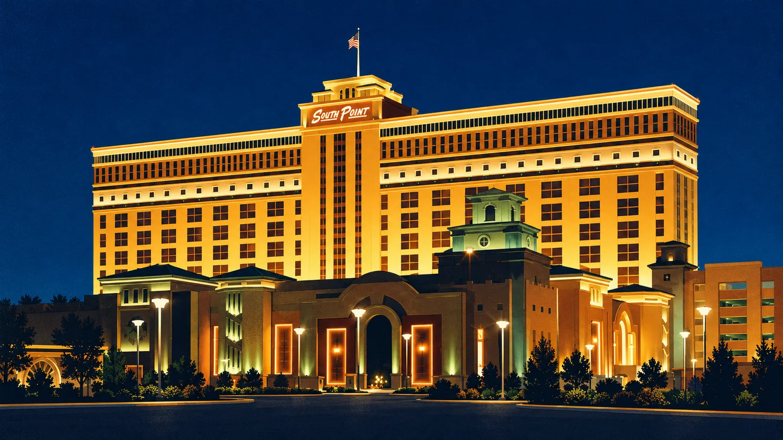 Nighttime illustration of South Point's golden hotel facade, central South Point sign and arched entrance complex.