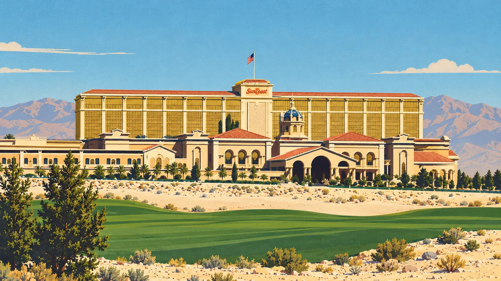 Illustration of Suncoast's long golden hotel, central Suncoast sign, mountain backdrop and green landscaped foreground.