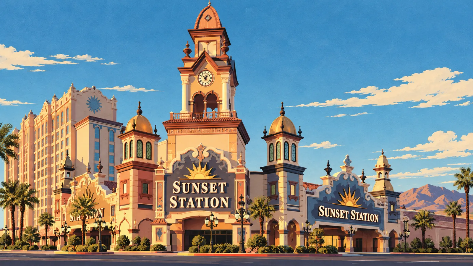 Illustration of Sunset Station's ornate clock tower, domed turrets and sunset-emblem entrance signs.