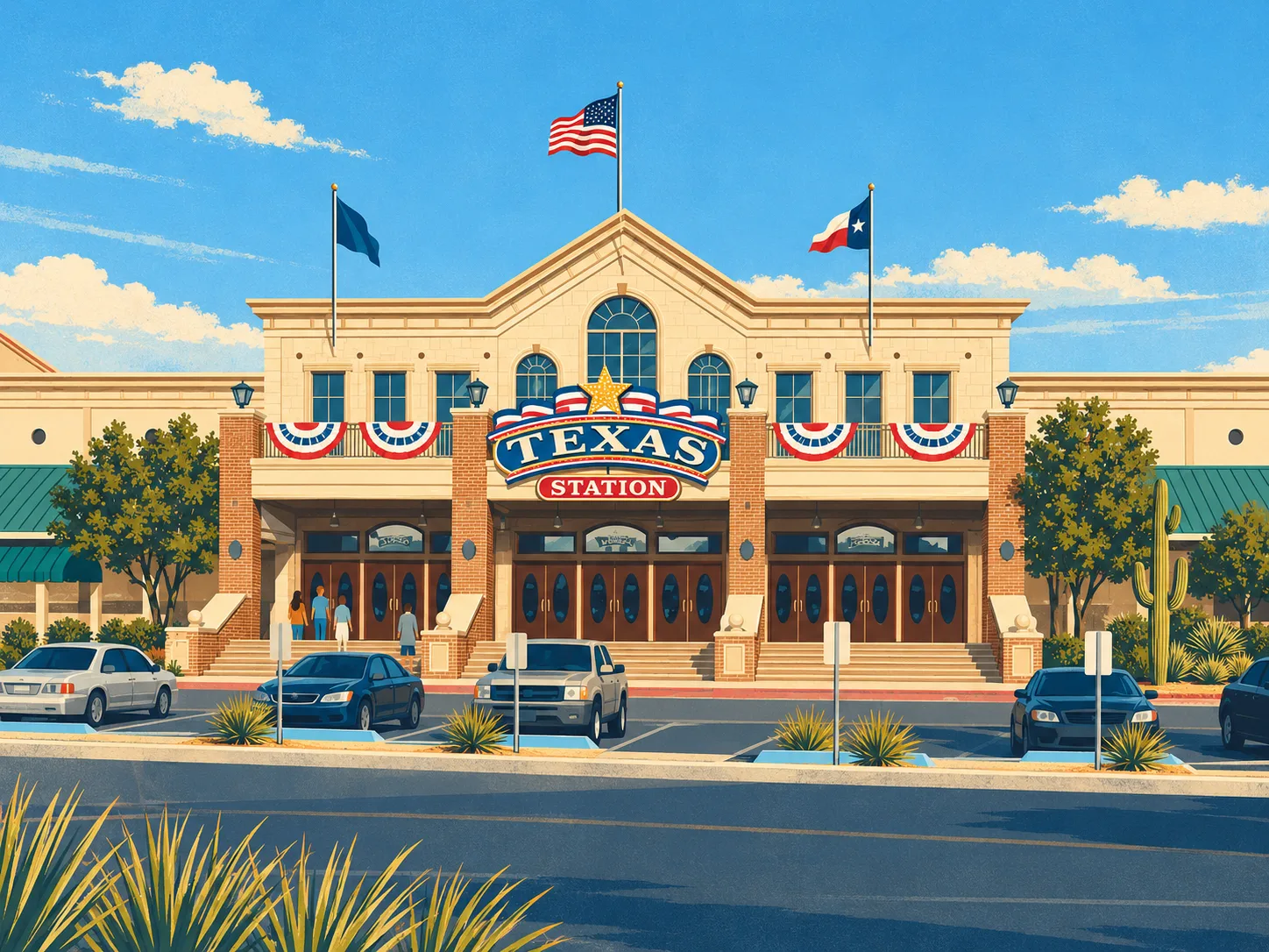 Illustration of Texas Station’s cream and brick entrance with its central gable, arched windows, Texas Station sign and star, patriotic bunting, flags, green awnings and parked cars.