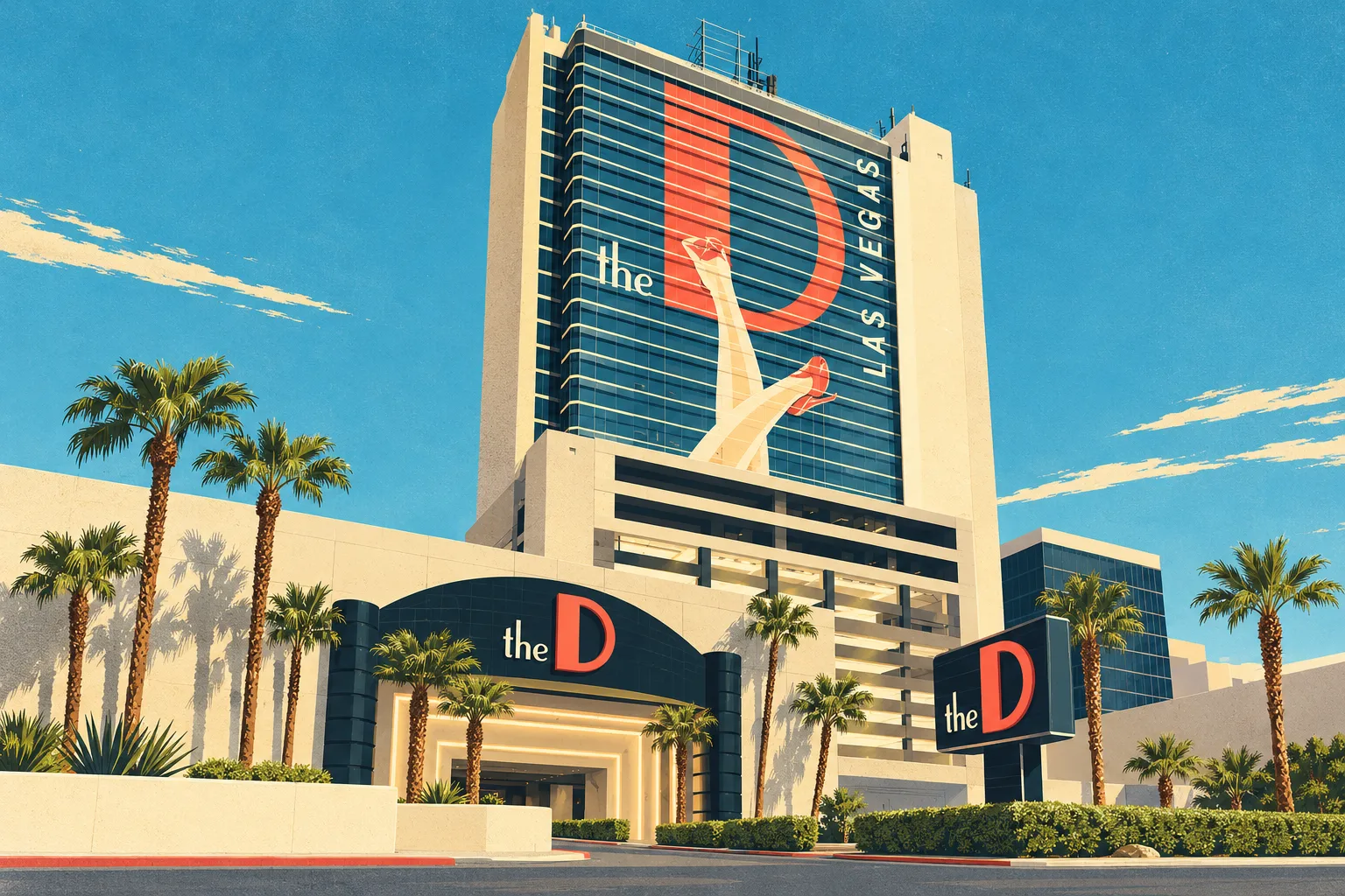Illustration of The D’s tall hotel tower with its giant red D facade graphic, garage base, arched entrance and palm trees in daylight.