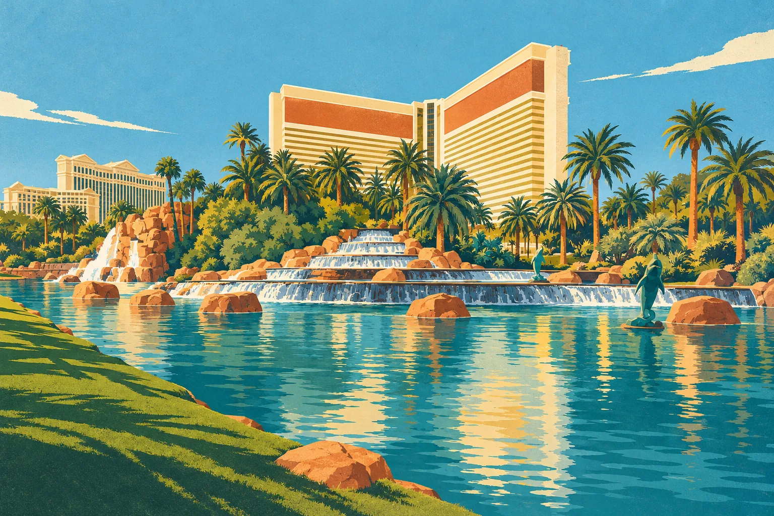Daylight illustration of the Mirage’s cream-and-gold hotel tower behind palms, terraced waterfalls and a turquoise lagoon.