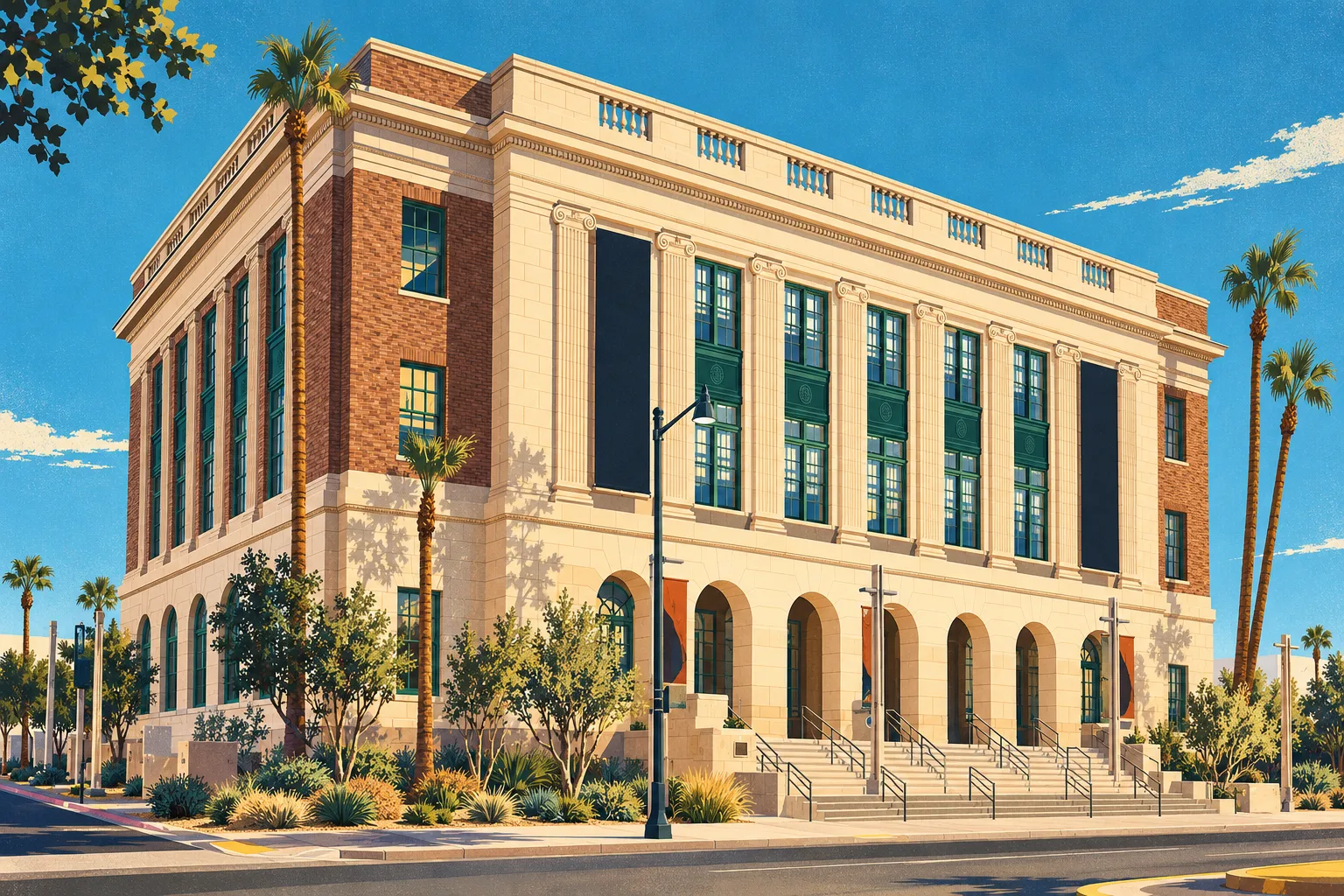Daylight illustration of The Mob Museum’s neoclassical facade, columns and green-framed windows.