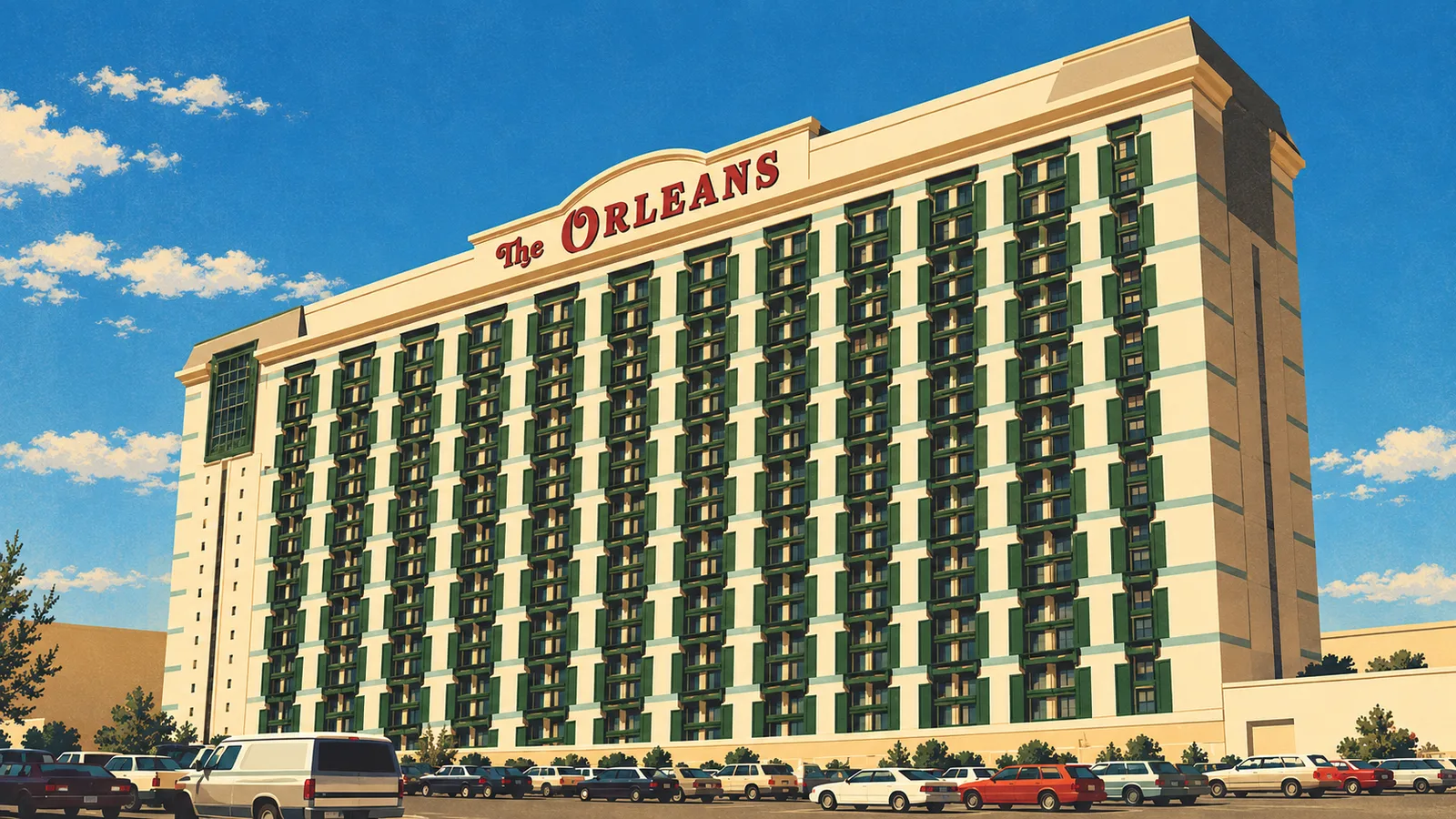 Illustration of The Orleans' cream hotel tower with green window bays and red rooftop lettering.