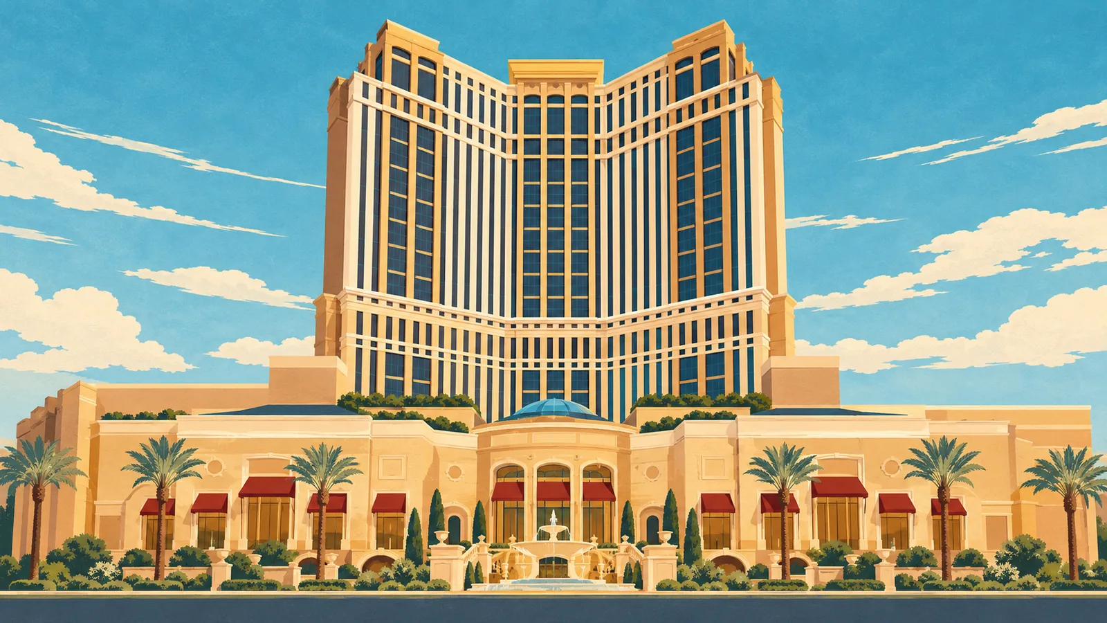 Daylight illustration of The Palazzo’s concave cream hotel tower above its arched entrance, fountain and palms.
