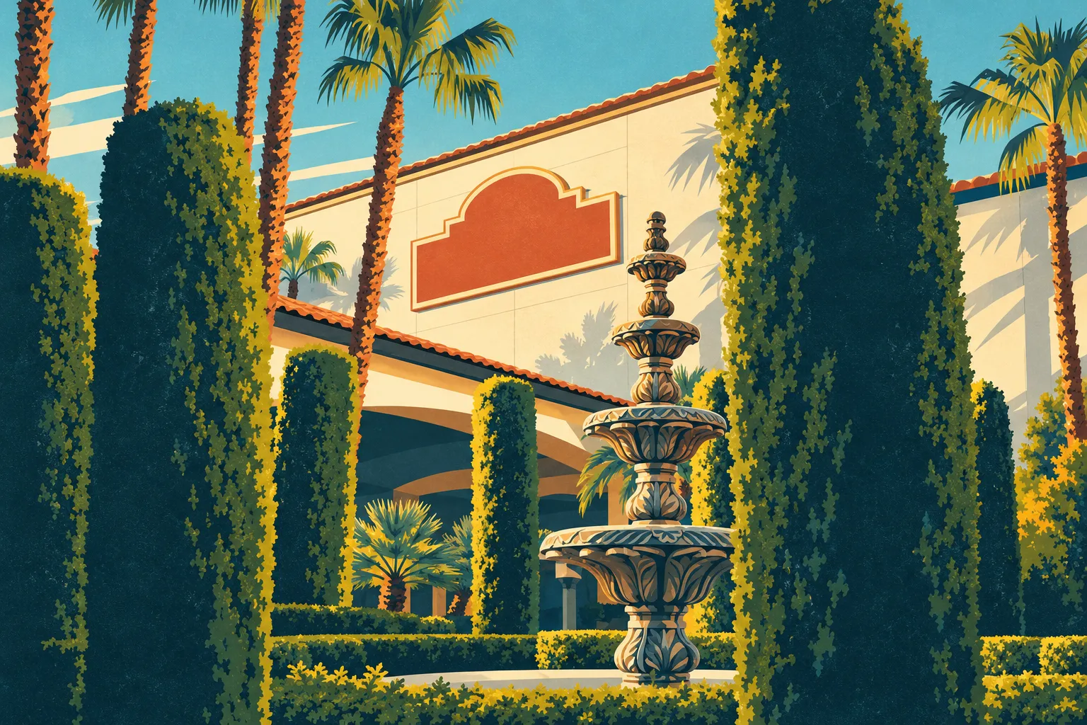 Illustration of the Tuscany Suites casino facade, garden fountain and palms.