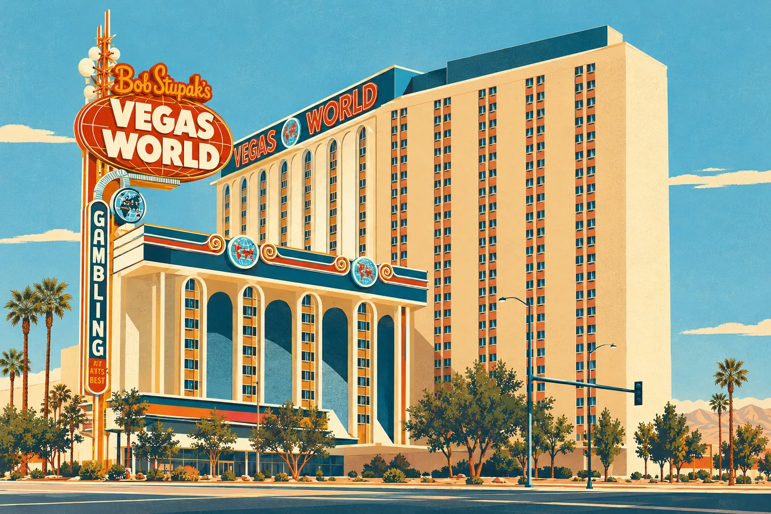 Daylight illustration of the Vegas World hotel slab, arched facade and Bob Stupak’s Vegas World roadside sign with globe motifs.