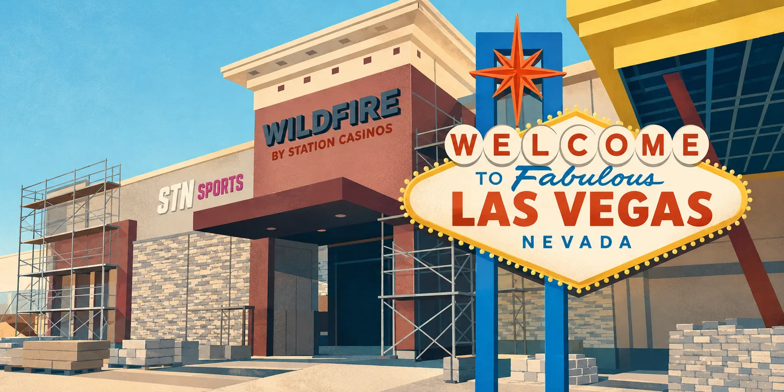Editorial illustration of the Wildfire on Fremont construction frontage, WILDFIRE and STN SPORTS signs, with a large decorative Welcome to Las Vegas sign from the supplied composition.